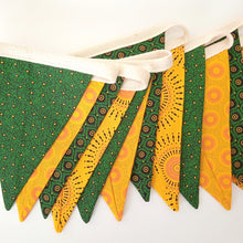 Load image into Gallery viewer, Green and Gold Shweshwe Bunting Banner - Medium Flags
