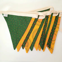 Load image into Gallery viewer, Green and Gold Shweshwe Bunting Banner - Medium Flags
