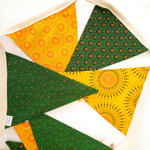 Load image into Gallery viewer, Green and Gold Shweshwe Bunting Banner - Medium Flags
